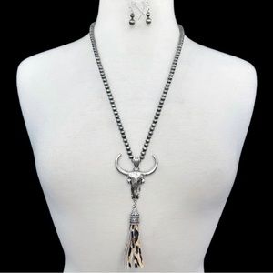 Long Steer Skull Navajo Pearl Leopard Print Tassel Necklace Earrings Set